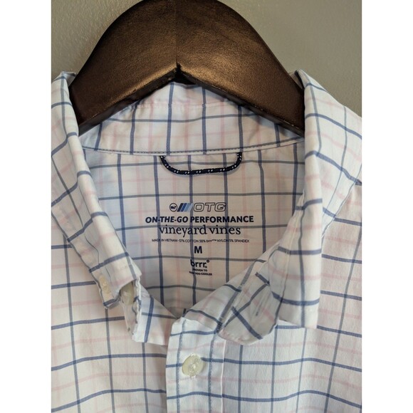 Vineyard Vines Size Medium OTG Mens Shirt Pink Blue Check Stripe Top On the Go - Picture 2 of 5
